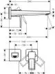 Hansgrohe Unterputz-Waschtischmischer mit Bügelgriff und Auslauf, schematische Zeichnung mit Maßen und Montagehinweisen für Wandmontage.